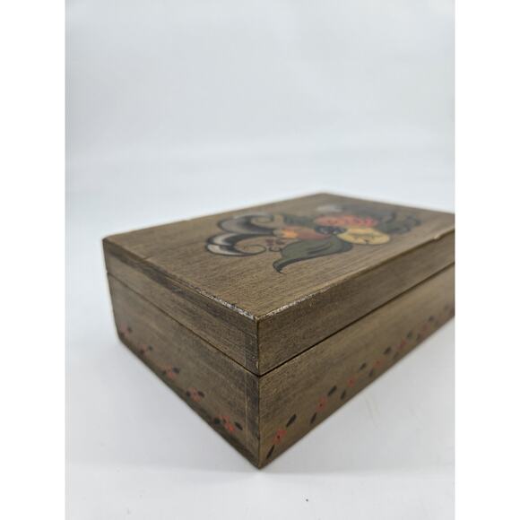 Mid Century 70s Norwegian Rosemaling Wooden Handpainted Trinket Box Hinge Signed - Picture 6 of 13